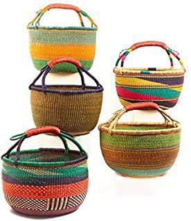 Overseas Ghana Woven Round Basket W/Leather Handles